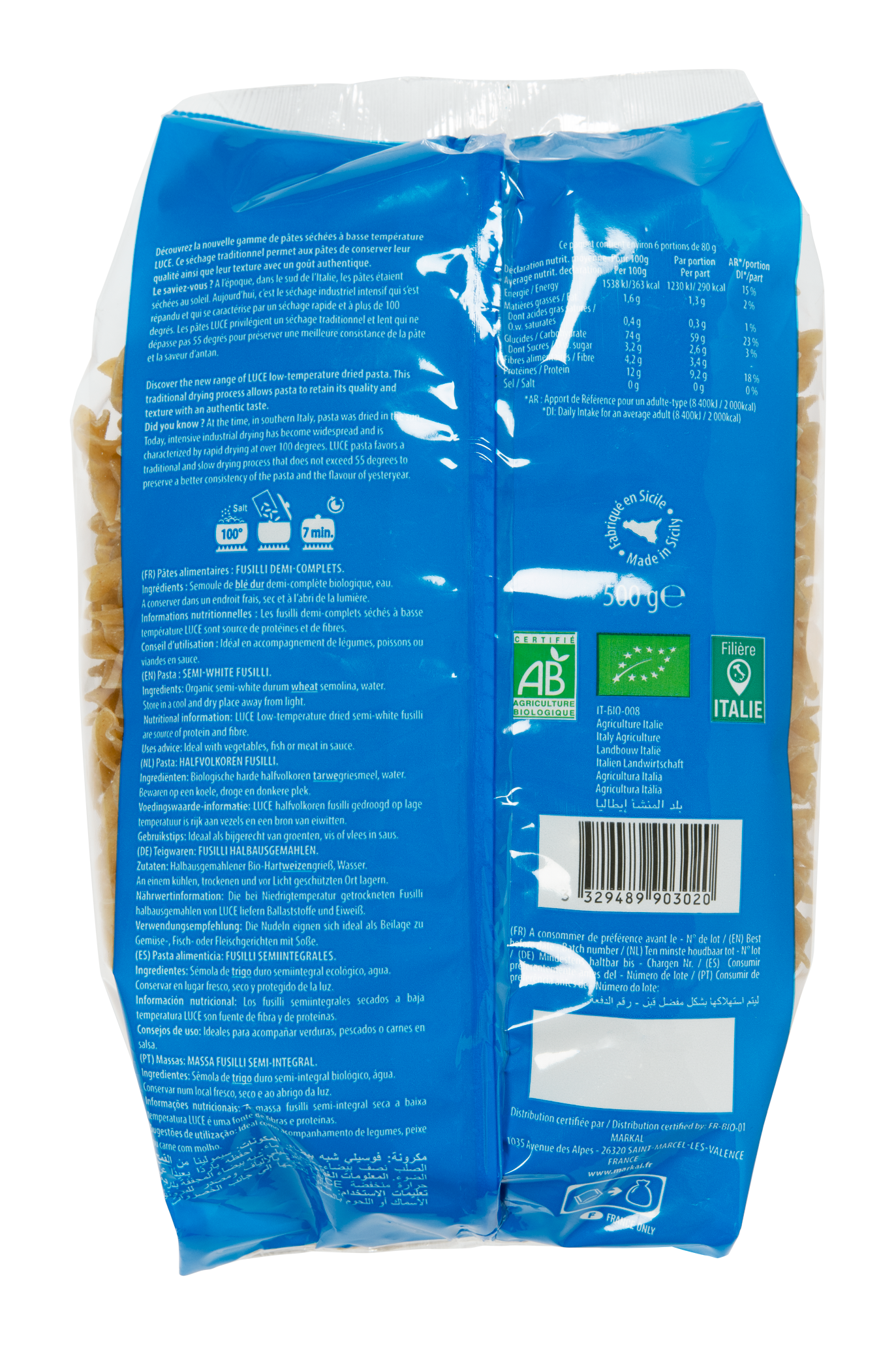 Semi-whole fusilli dried at low temperature