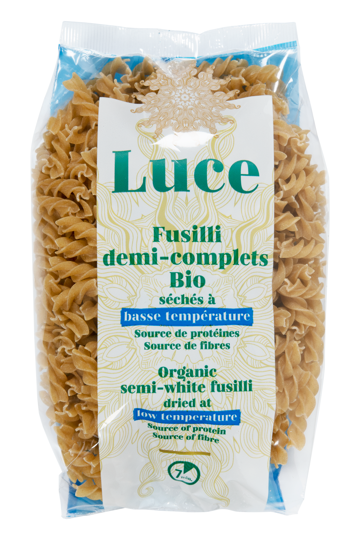 Semi-whole fusilli dried at low temperature