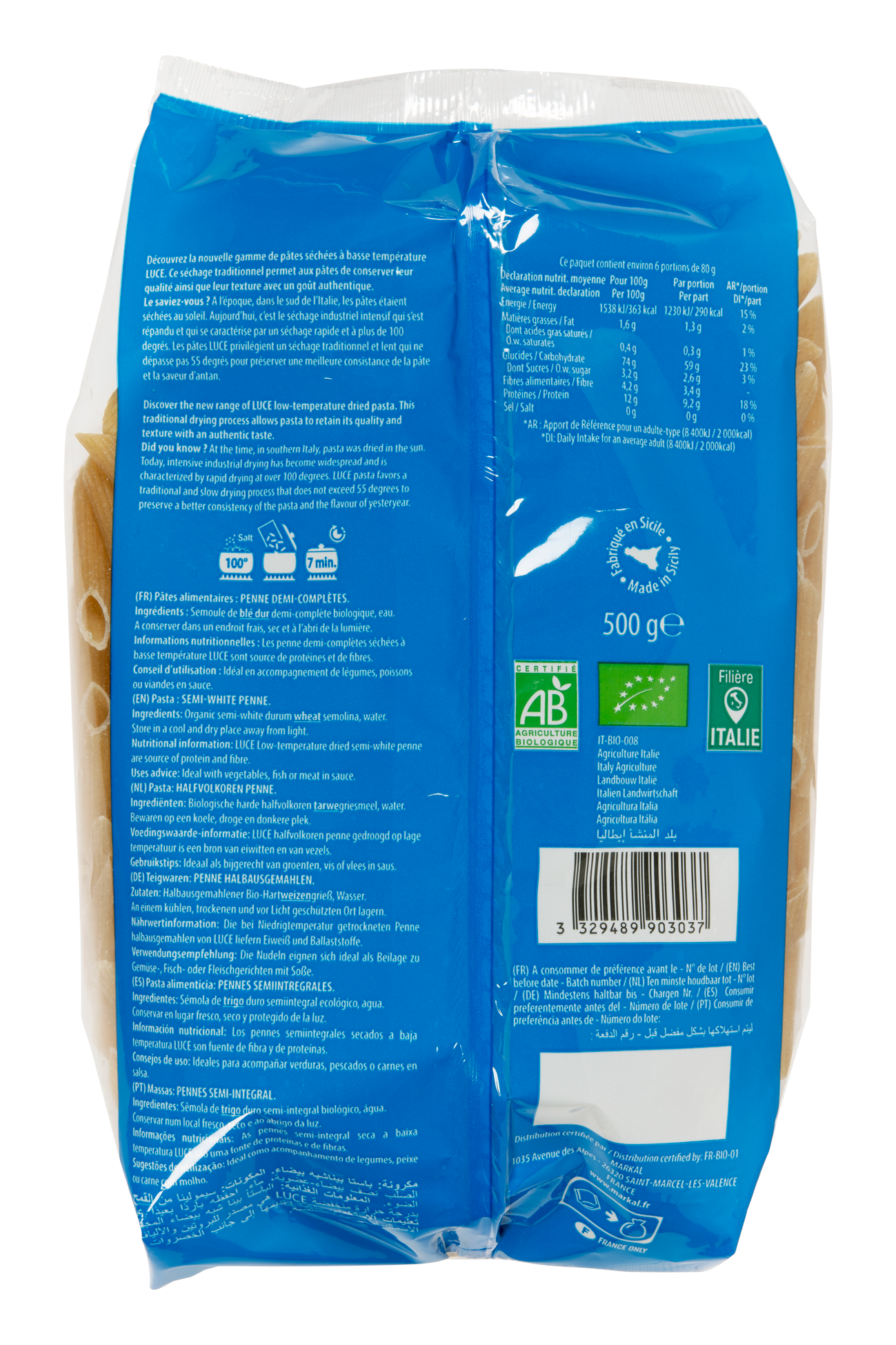 Semi-whole penne dried at low temperature