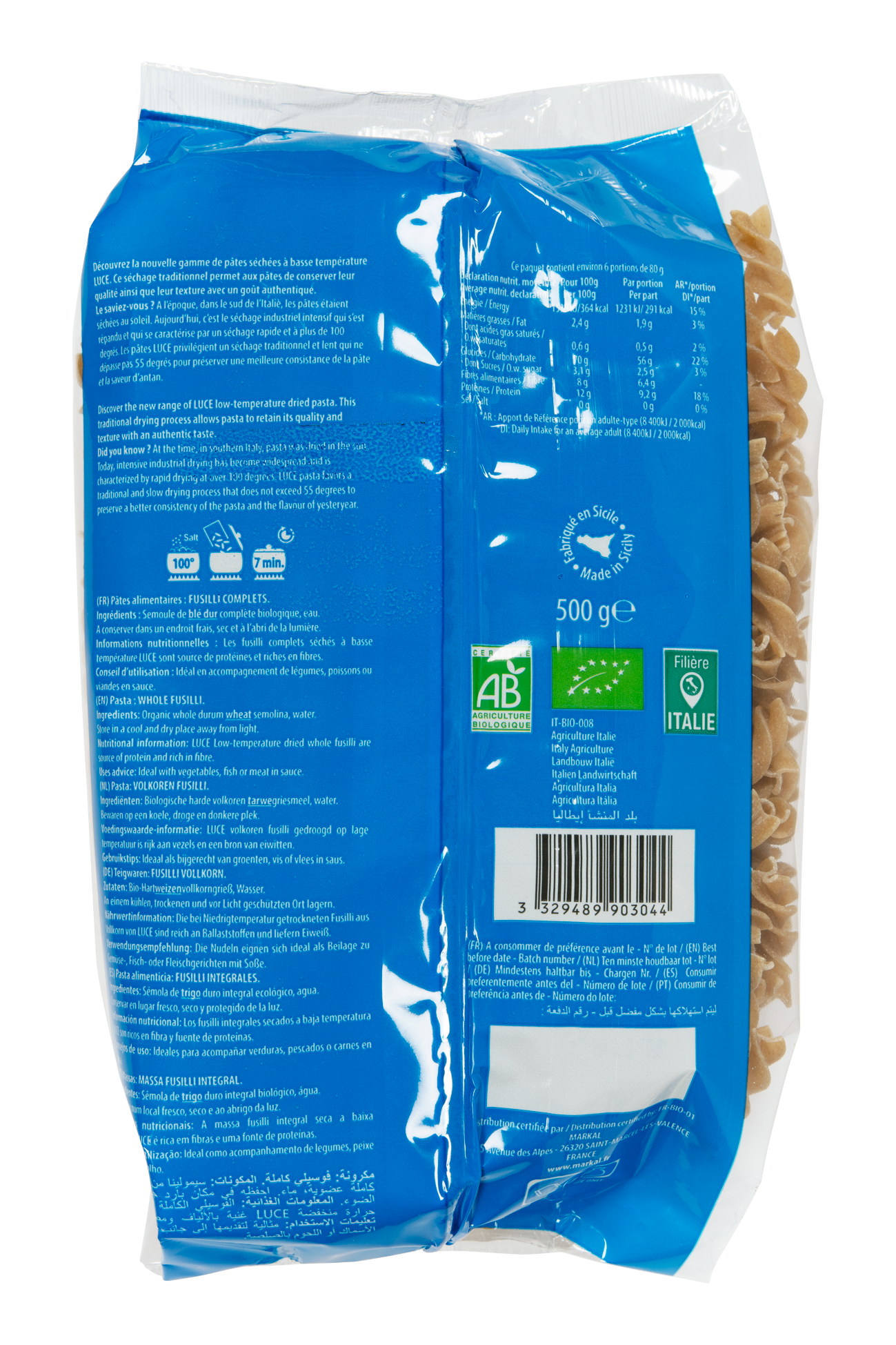 Whole fusilli dried at low temperature