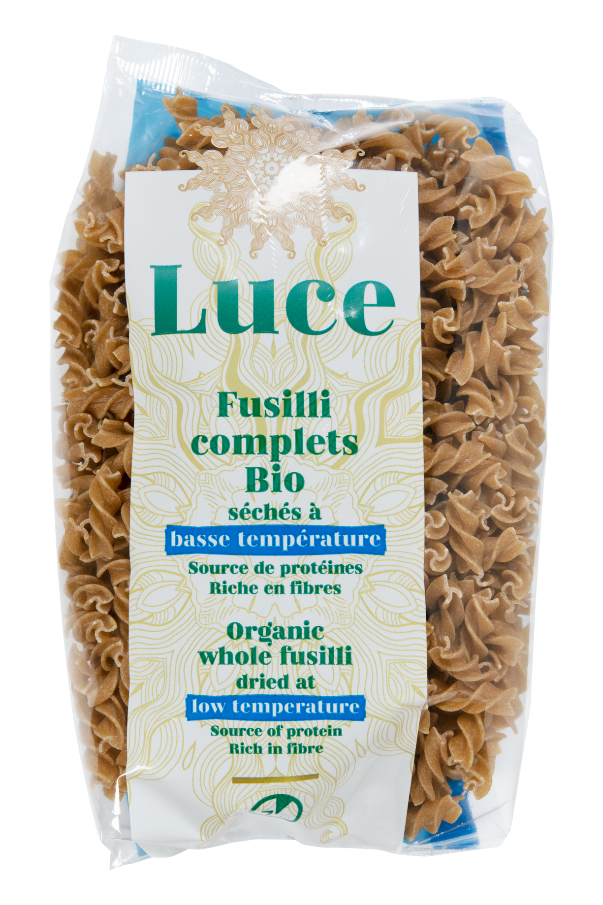 Whole fusilli dried at low temperature
