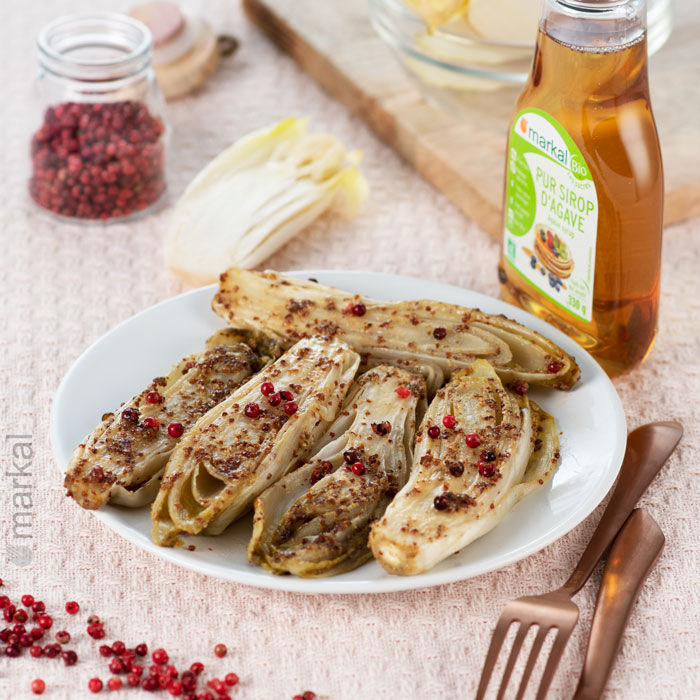 Endives braisées au sirop d’agave et moutarde à l’ancienne
