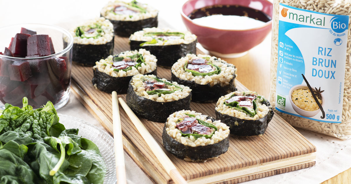 Makis veggie au houmous de petits pois et betterave